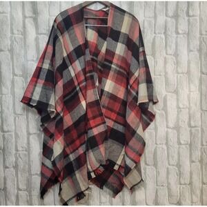 Soft‎ Surroundings Plaid Red Black Wrap Shawl Poncho  Fringe Womens One Size